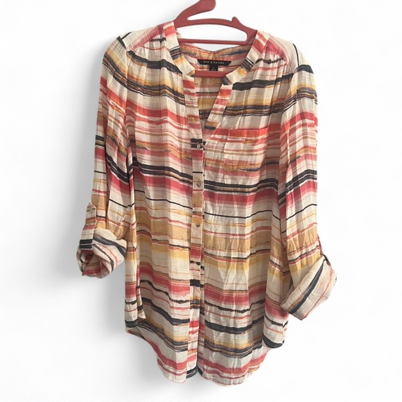 Zac & Rachel Boho Striped Multicolor Button Rayon Shirt - Picture 2 of 7